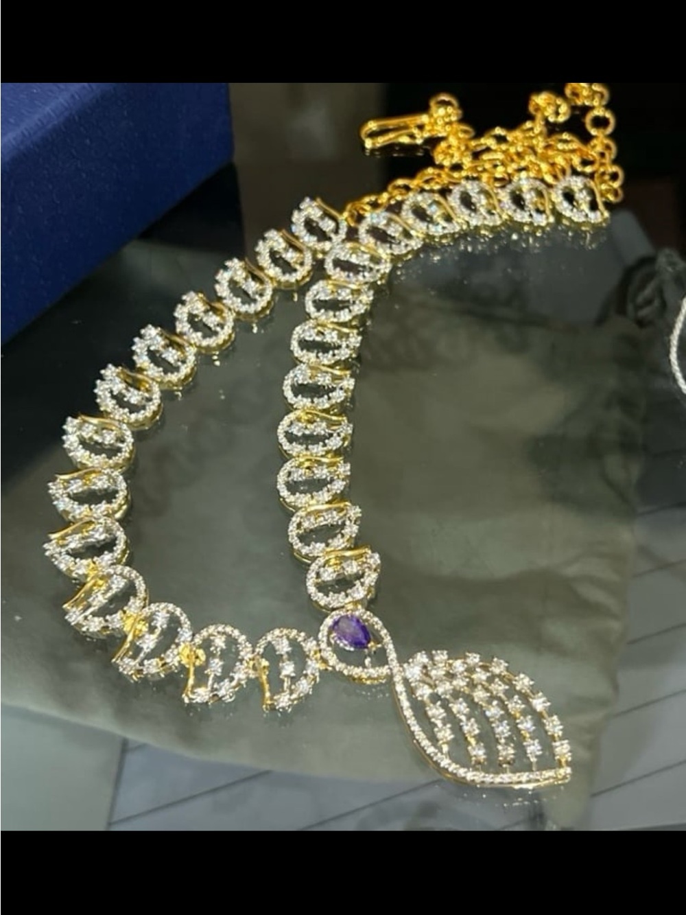 Gorgeous bridal swarovski elements necklace diamond finish amethyst drop